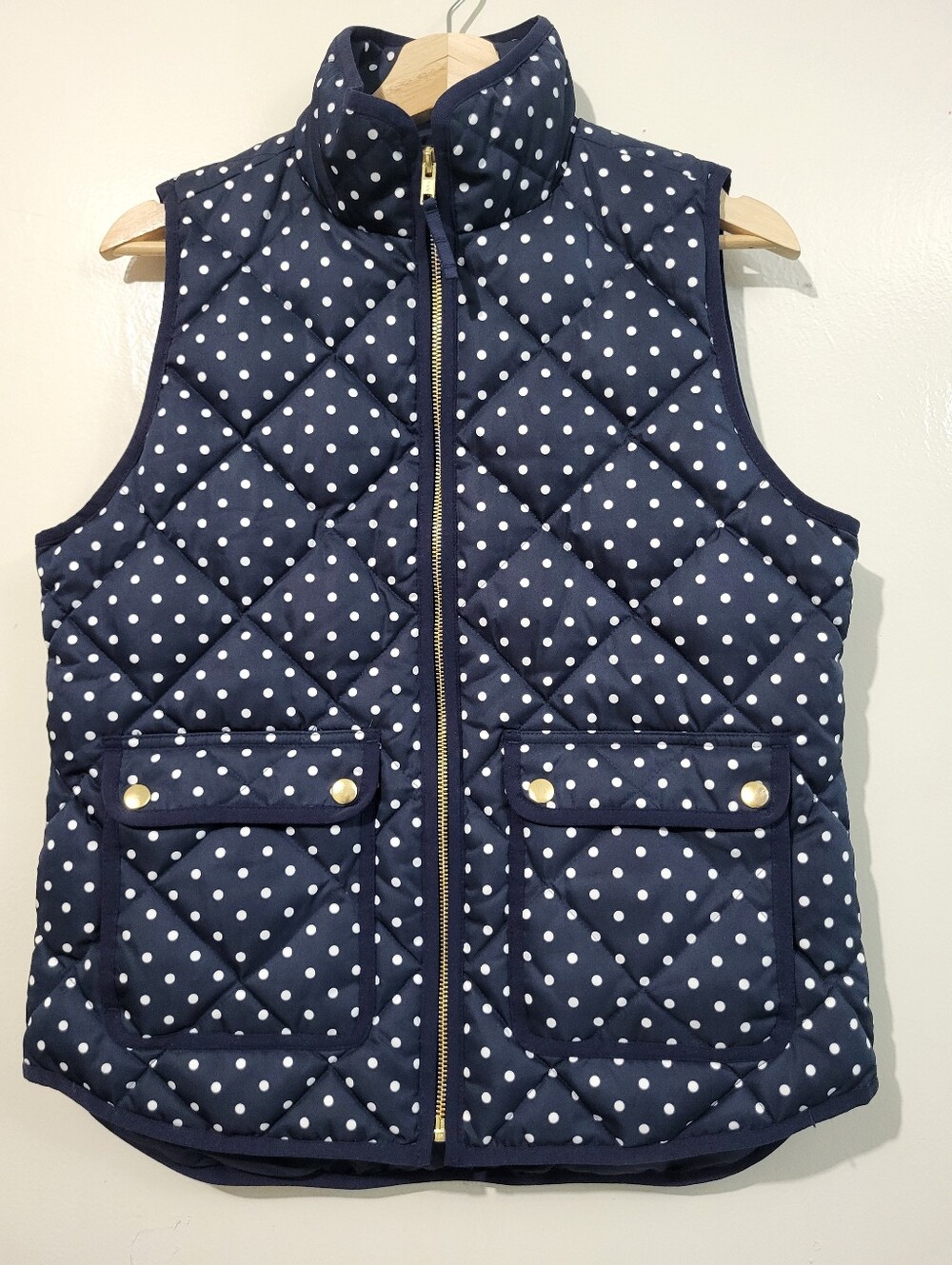 J. Crew Navy Polka Dot Quilted Vest with Gold Hardware Small New